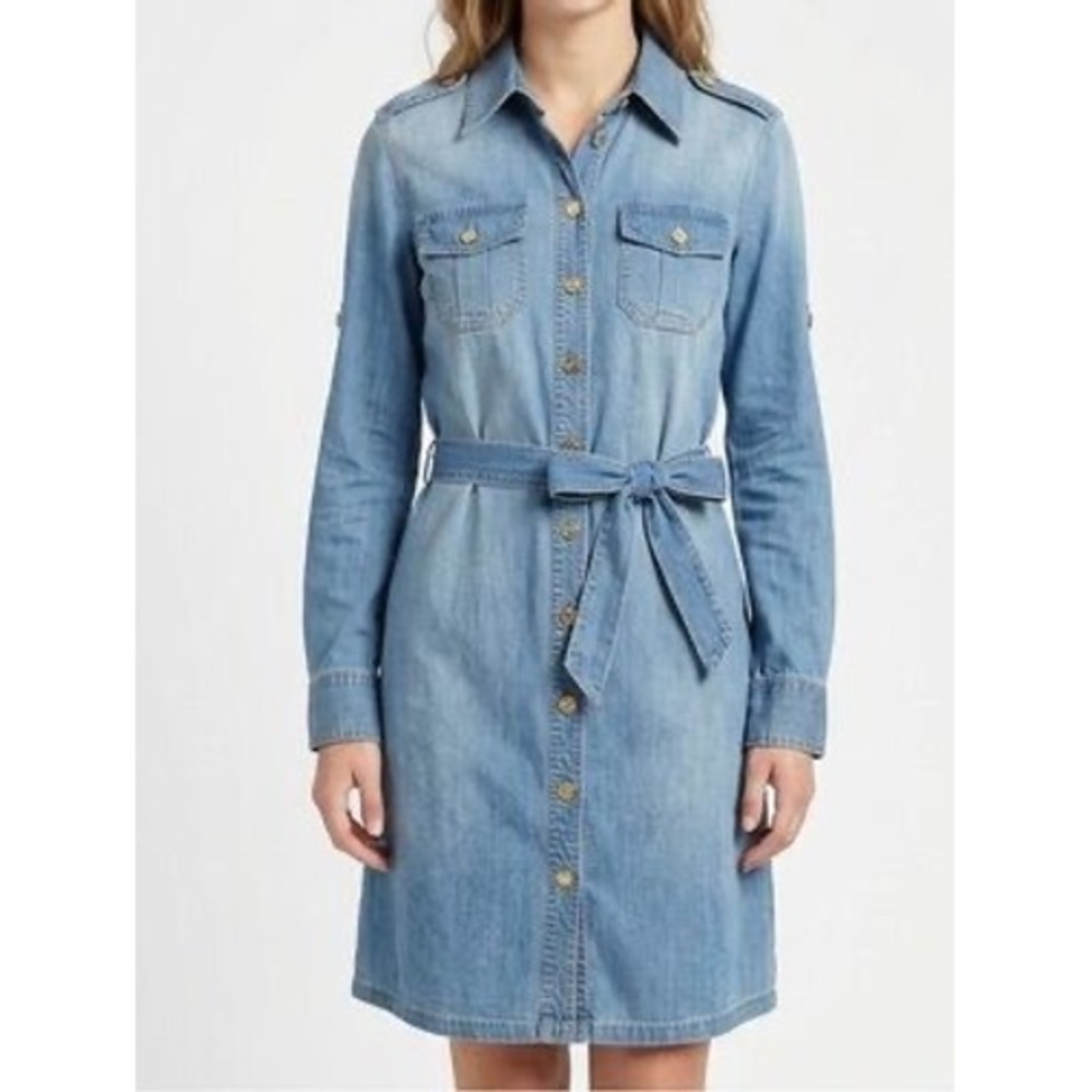 Tory Burch Blue Denim Long Sleeve Button Front Belted Shirt Dress Size 6 Women